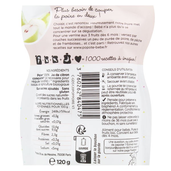 POPOTE - La Gourde de Purée de Fruit 100% Bio pour Bébé - LES FRAMBOISES -  120g - Dès 6 Mois