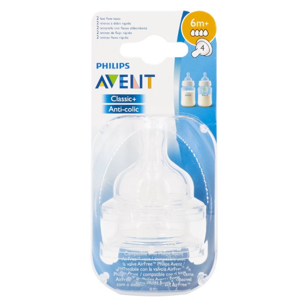 Philips Avent Natural Teat 4 Holes Fast Flow, Set Of 2 Nipple, Age -  6months+